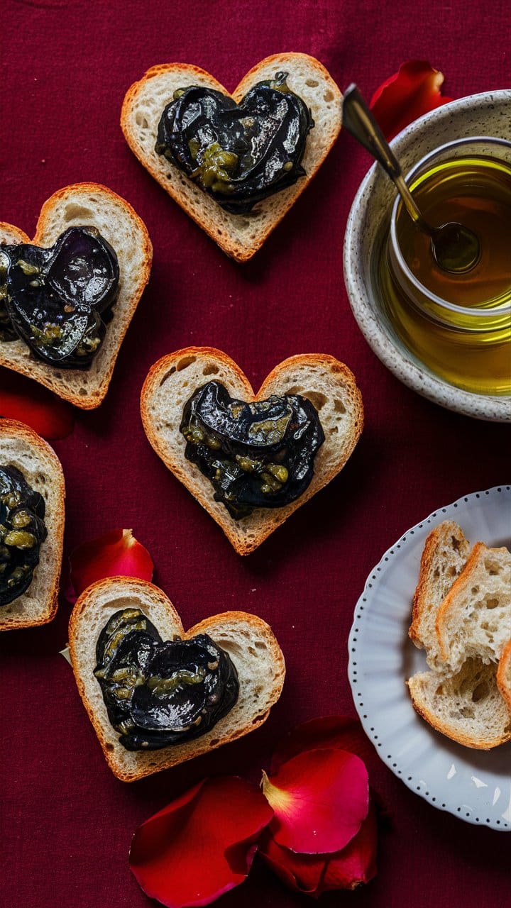 Toasts en forme de cœur sur nappe rouge
