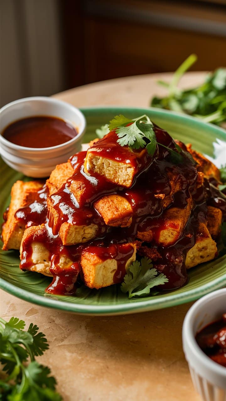 Tofu grillé avec sauce barbecue et coriandre