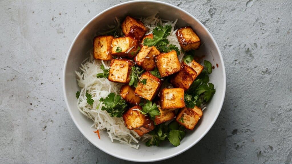 Salade de tofu grillé et radis râpé.