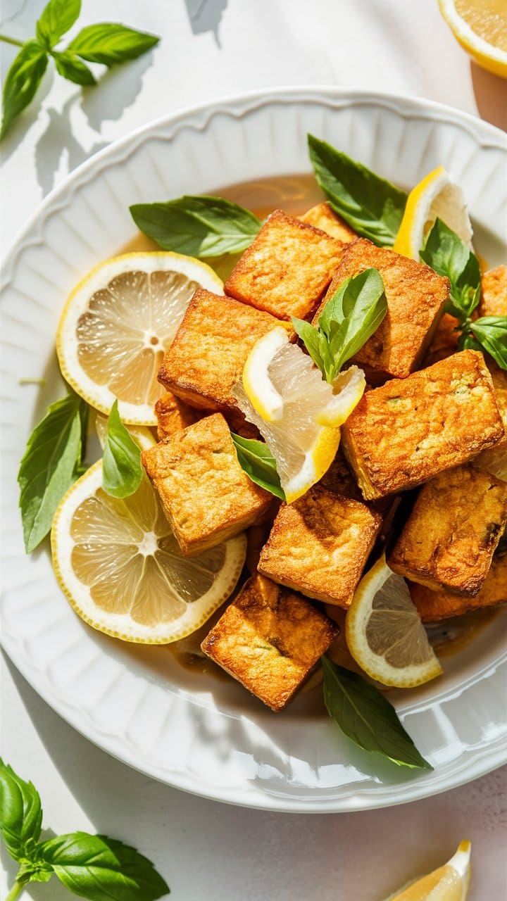Tofu grillé avec citron et basilic frais.