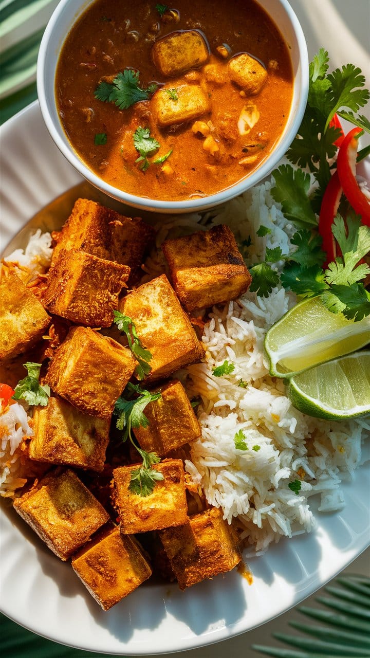 Plat de curry indien avec riz et tofu.