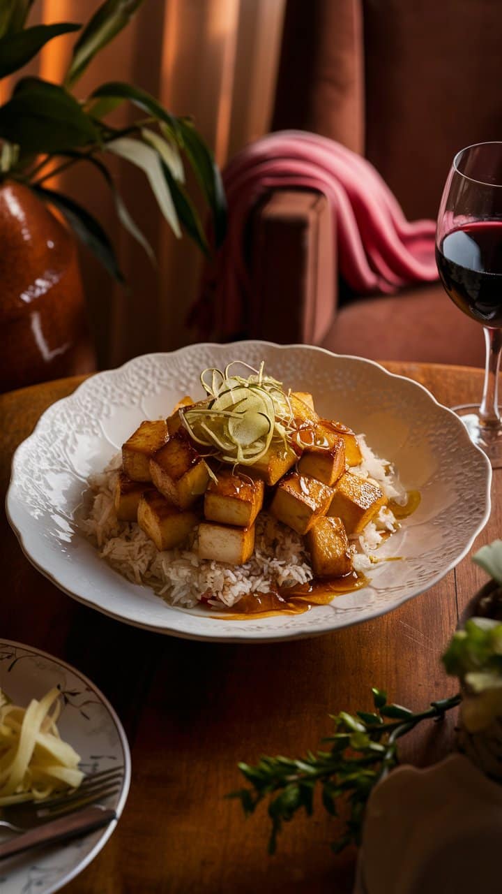 Plat de tofu caramélisé sur riz.