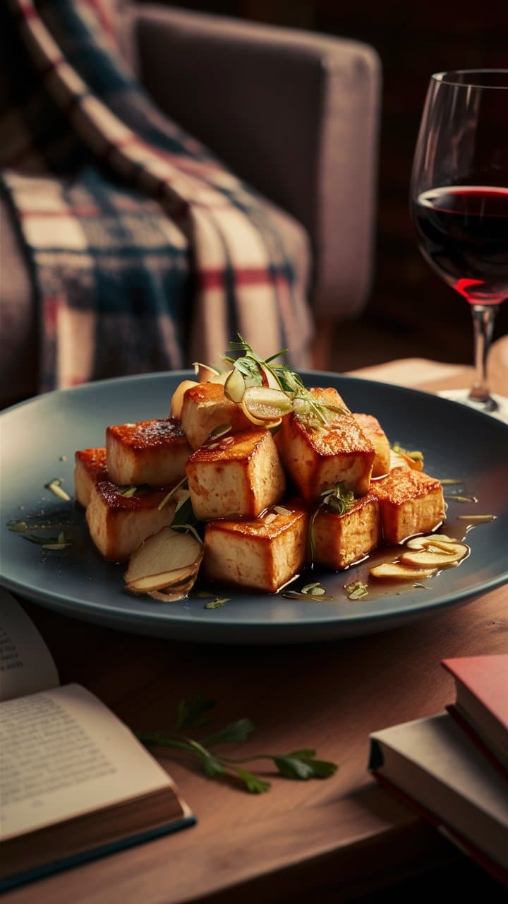 Tofu frit avec sauce, verre de vin rouge.