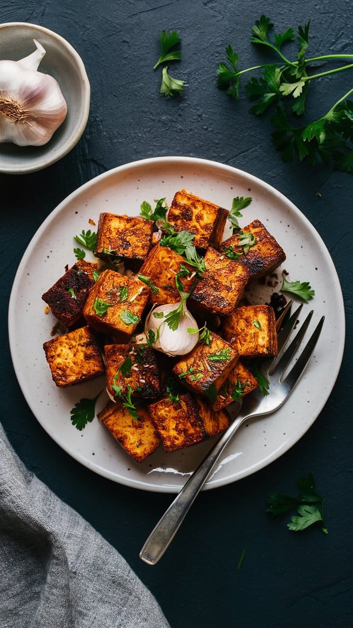 Cubes de tofu grillés avec ail et persil.