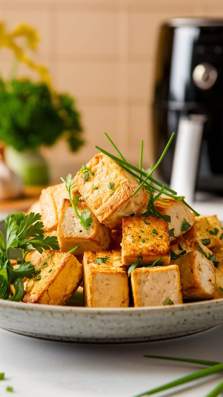 Cubes de tofu dorés avec herbes fraîches.