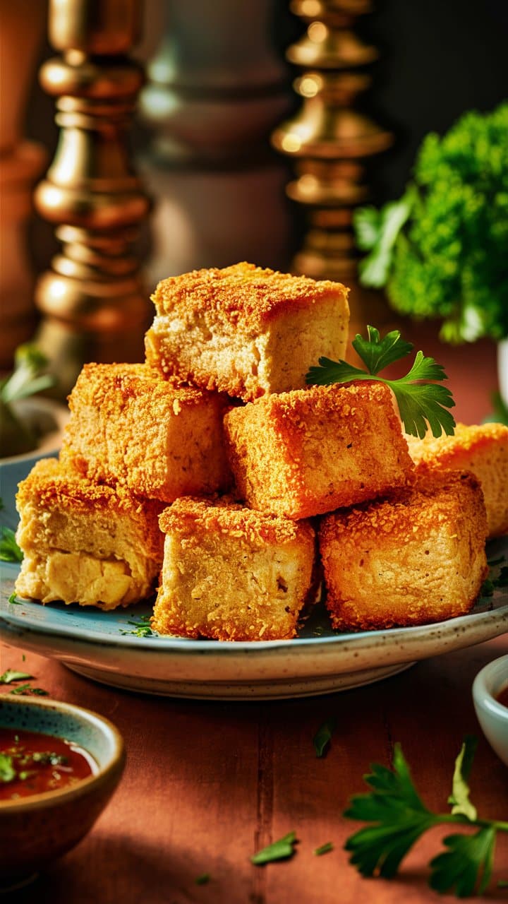 Cubes de tofu panés sur assiette.