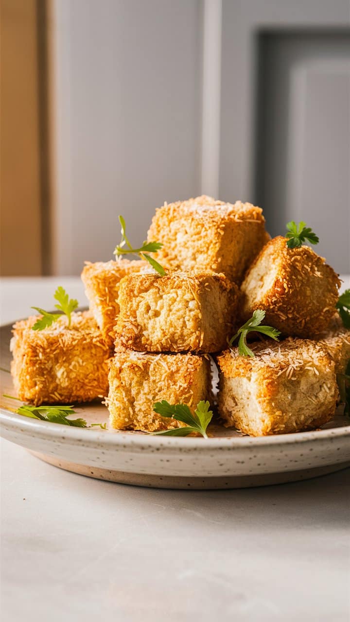 Cubes de tofu croustillants sur une assiette.
