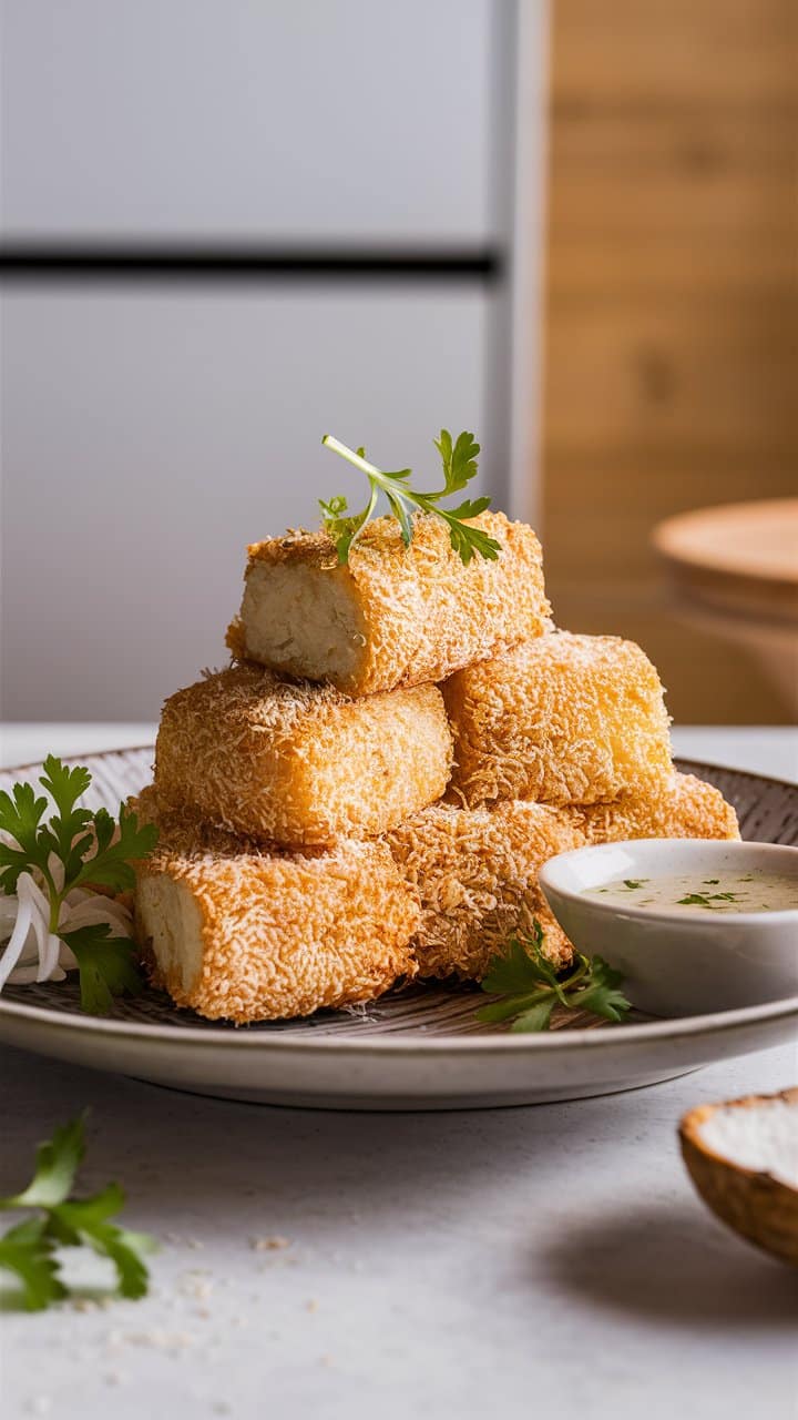 Tofu pané au sésame avec sauce crémeuse.