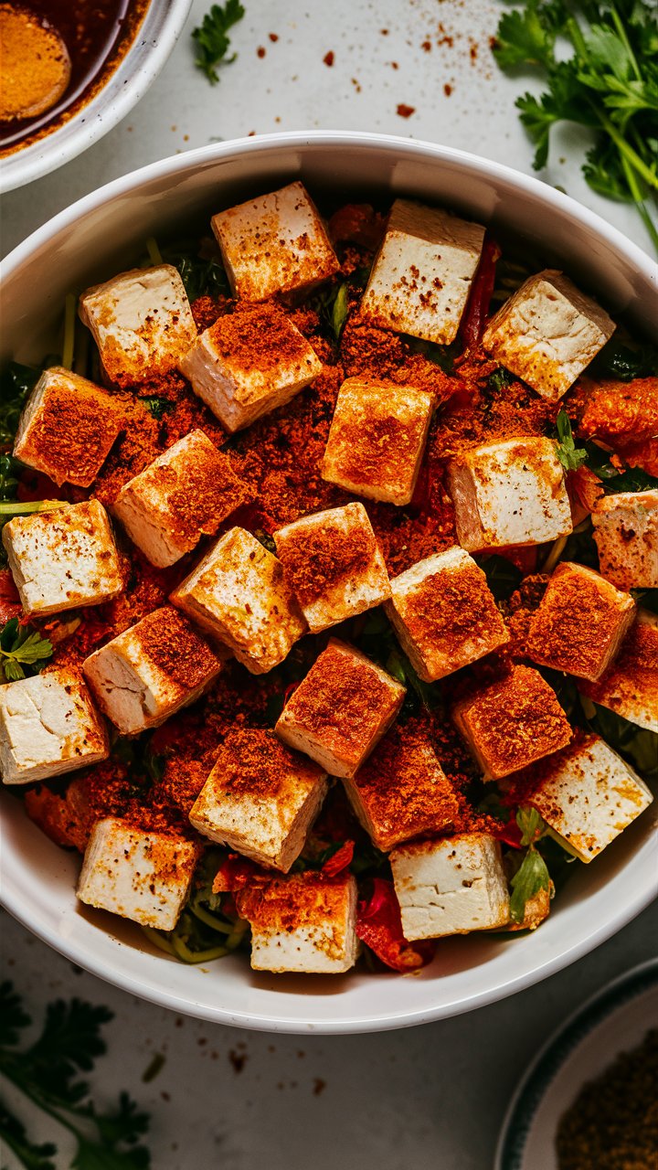 Salade épicée avec cubes de tofu assaisonnés.