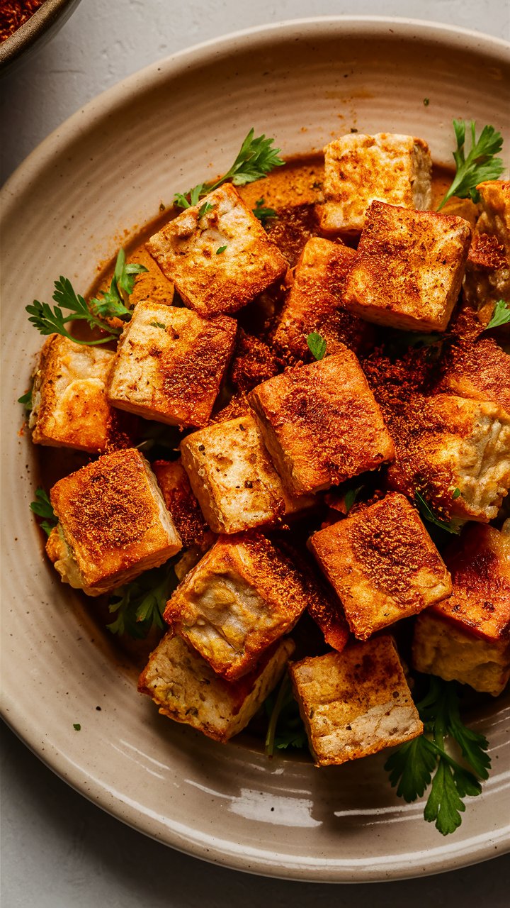 Tofu épicé grillé sur assiette blanche.