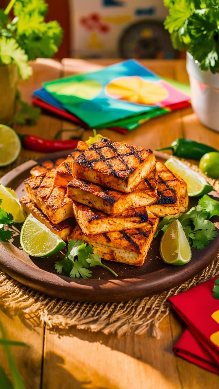Tofu grillé avec citron vert et coriandre, coloré.