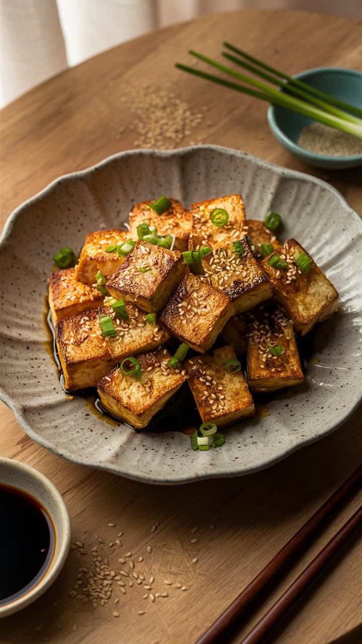 Tofu grillé avec sauce soja et sésame.