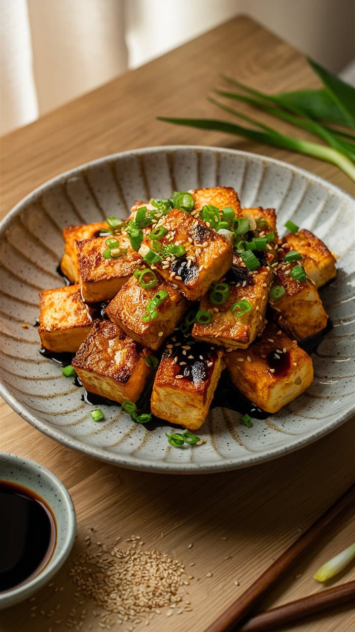 Tofu grillé garni d'oignons verts et sésame.