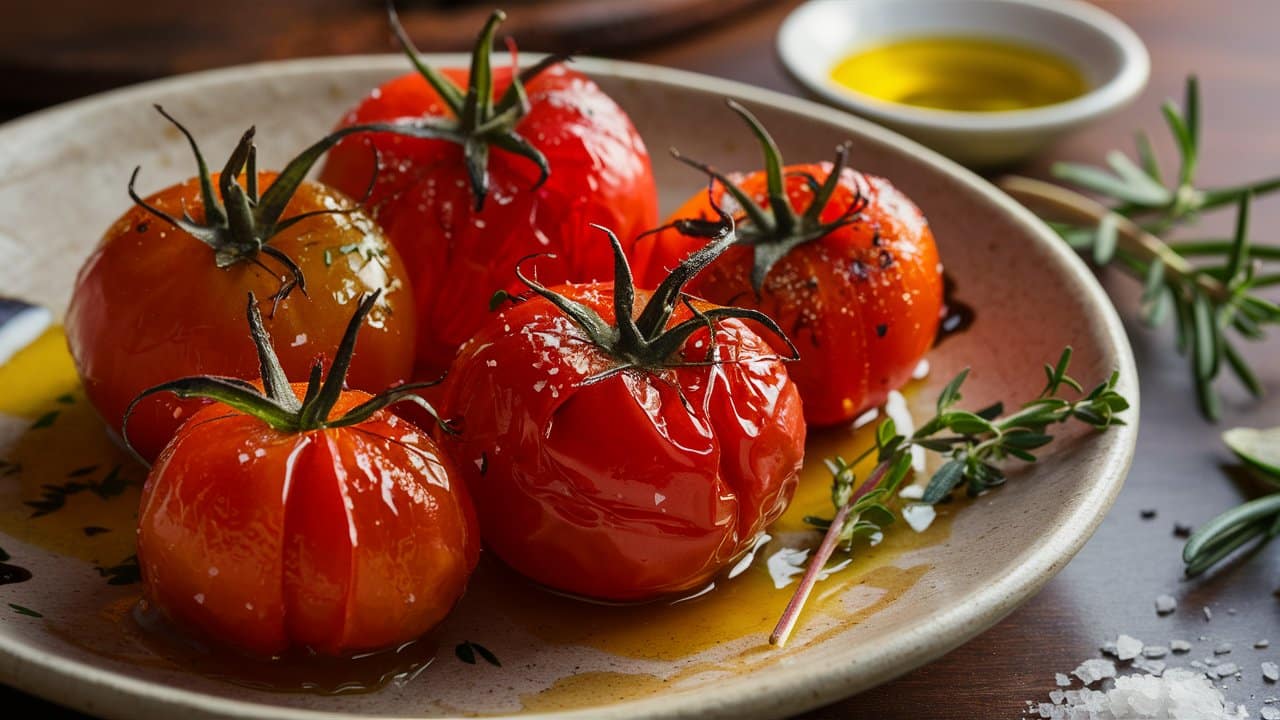 Tomates cerises rôties avec huile d'olive et herbes.