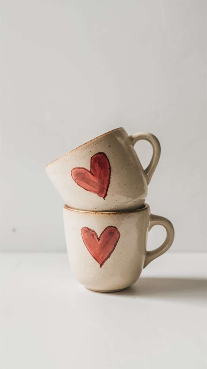 Tasses empilées avec des dessins de cœurs rouges.