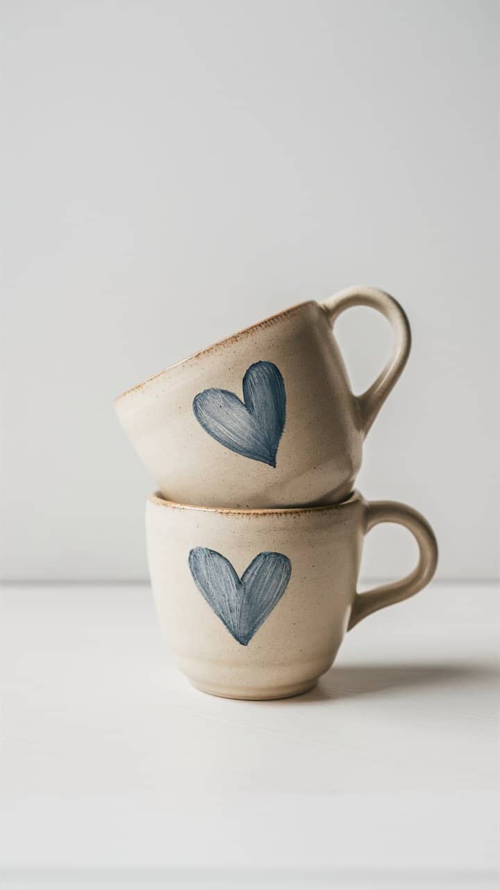 Deux tasses empilées avec motif de cœur.