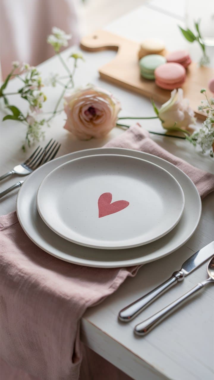 Assiette cœur sur table avec fleurs, macarons