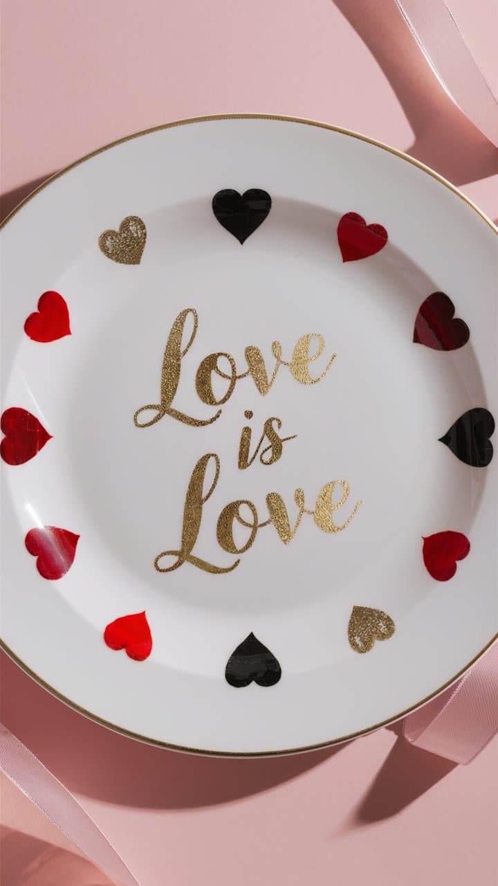 Assiette avec message "Love is Love", cœurs autour.
