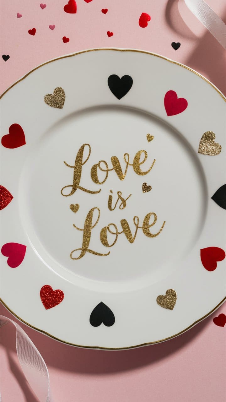 Assiette décorée avec des coeurs colorés, texte 'Love is Love'.