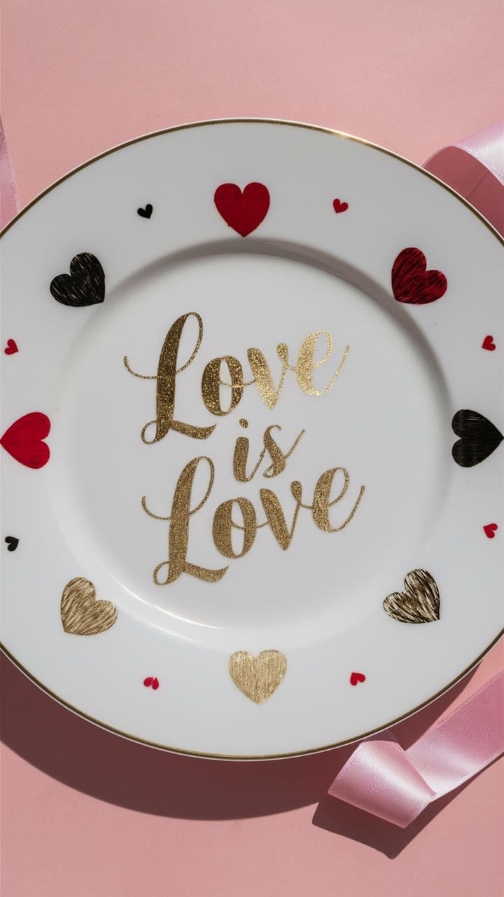 Assiette avec inscription 'Love is Love' et cœurs.