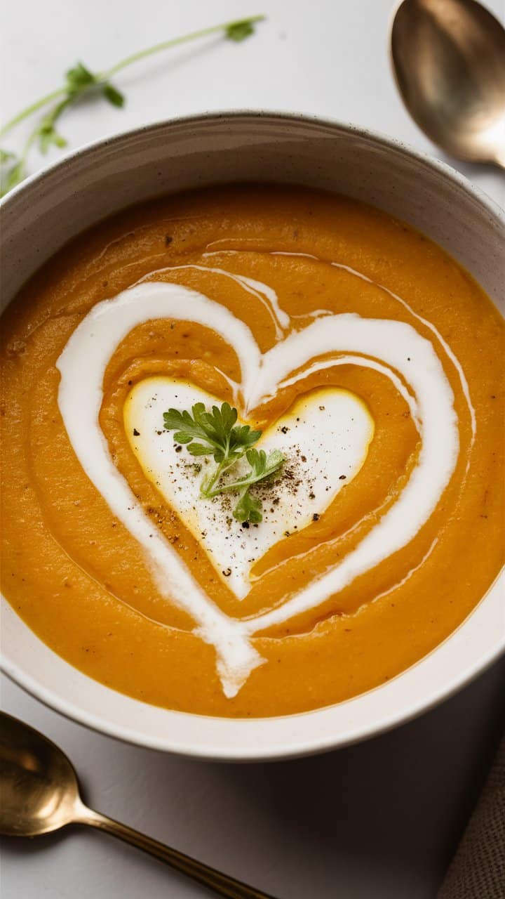 Soupe orange avec crème en forme de cœur.
