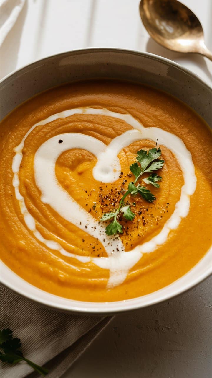 Soupe de carottes avec crème et persil.