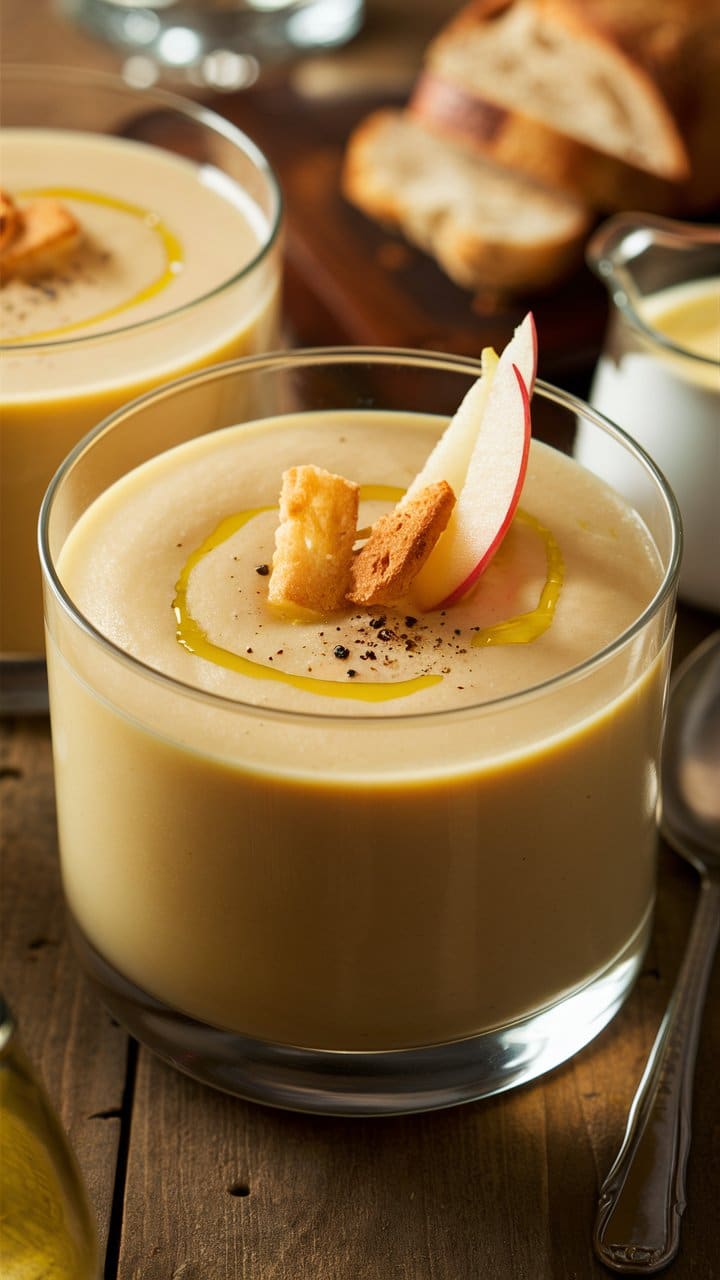 Soupe crémeuse garnie de pain et pomme.