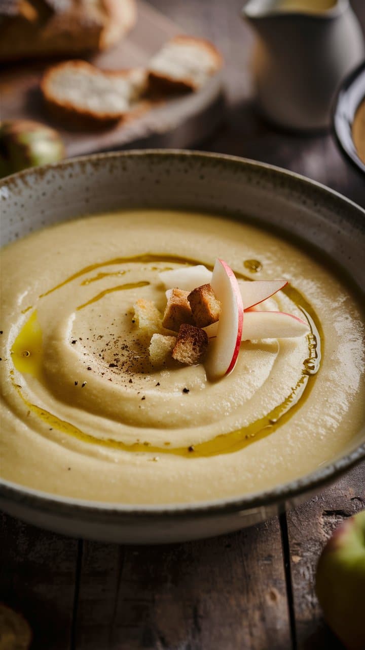 Soupe crémeuse avec croûtons et pomme.
