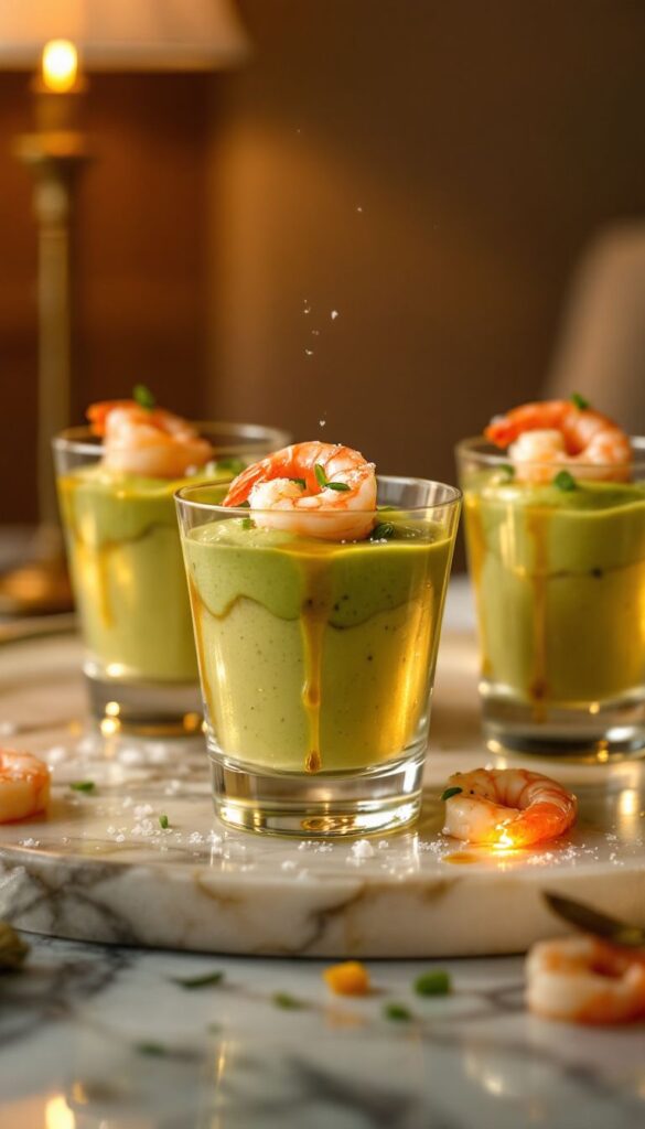 Verrines d'avocat et crevettes garnies de sauce.