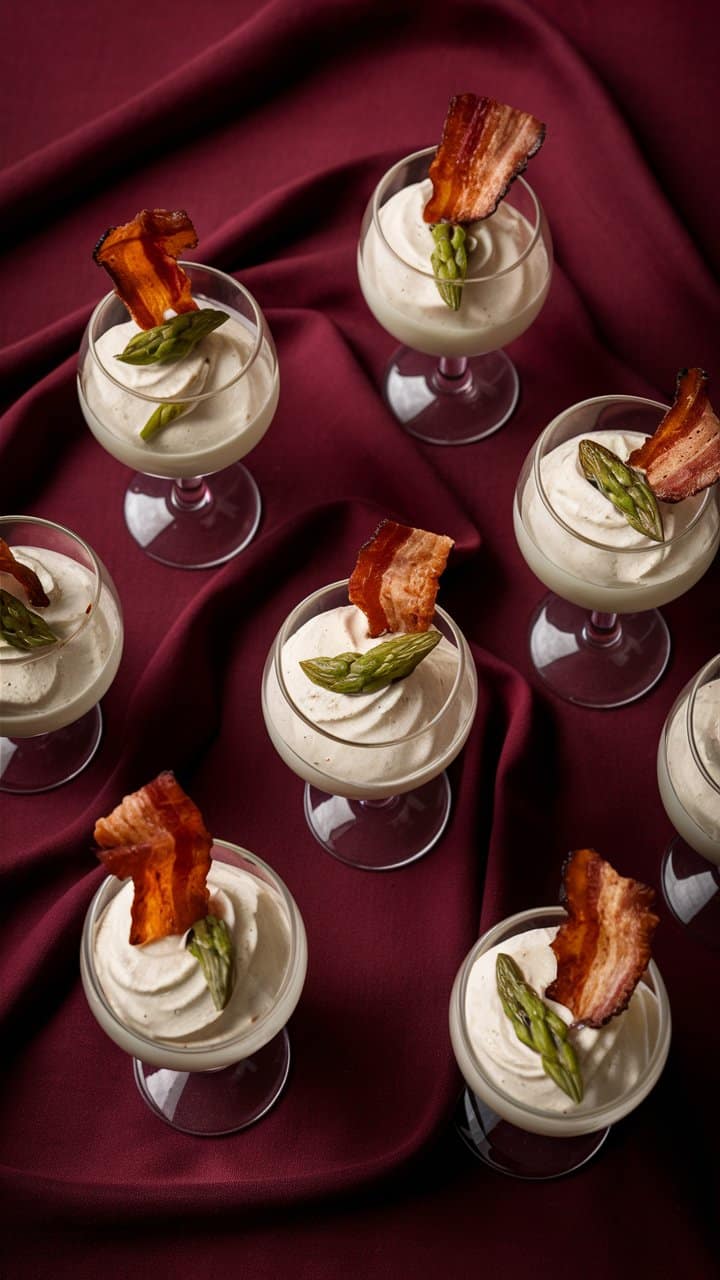 Mousses salées au bacon et asperge sur nappe rouge.