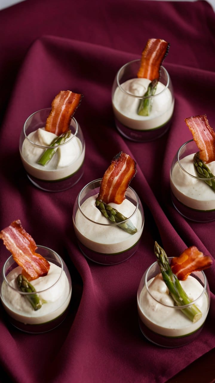 Verrines crème, asperges et bacon sur nappe bordeaux.