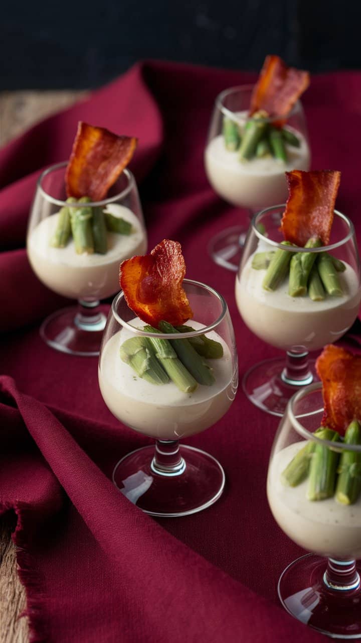 Verres de mousse asperges et bacon sur nappe bordeaux.