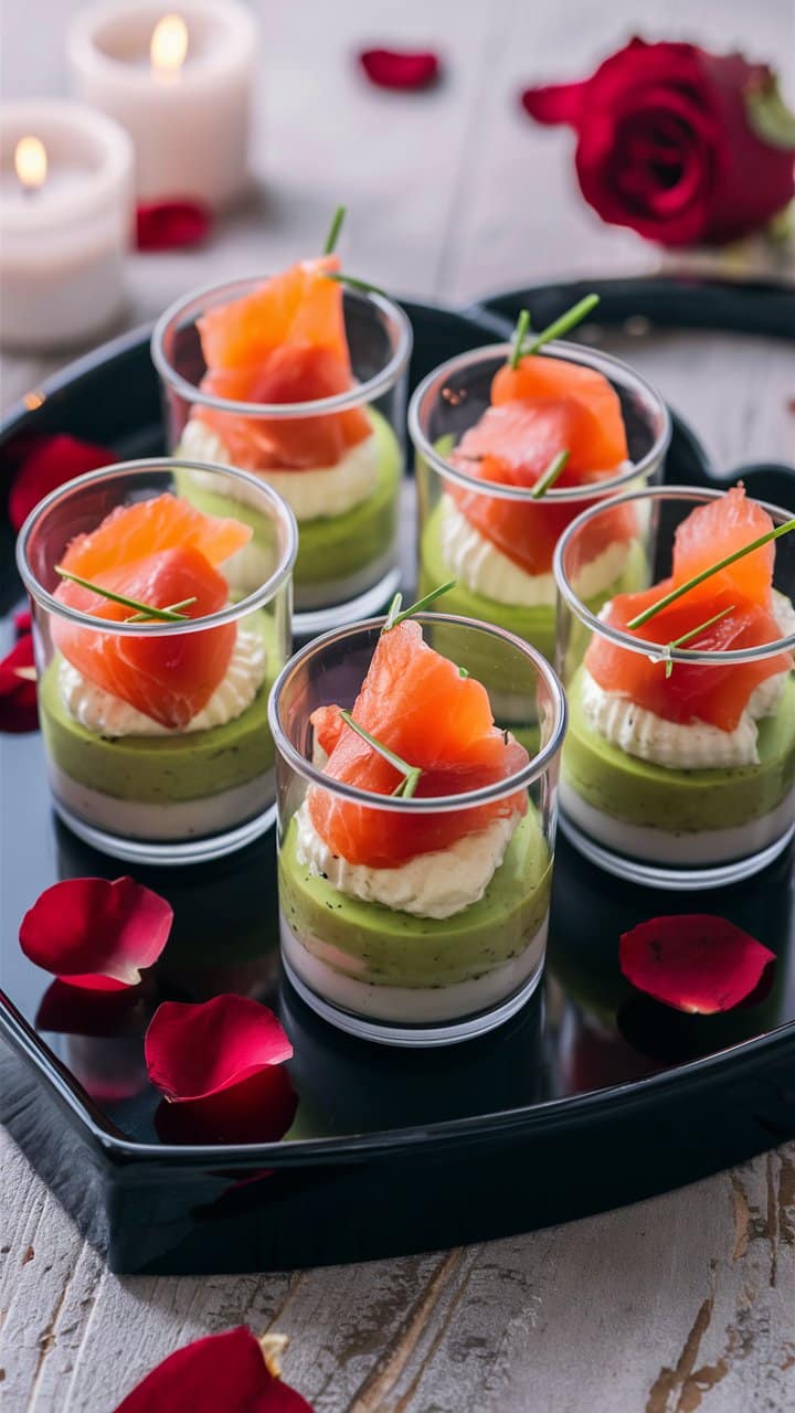Verrines saumon avocat crème, décor rose et bougie.