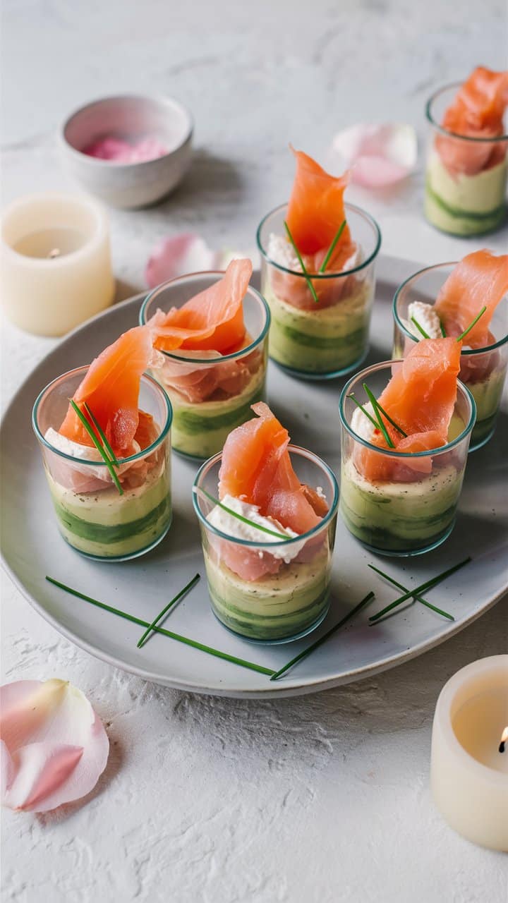 Verrines apéritives au saumon et avocat sur table.