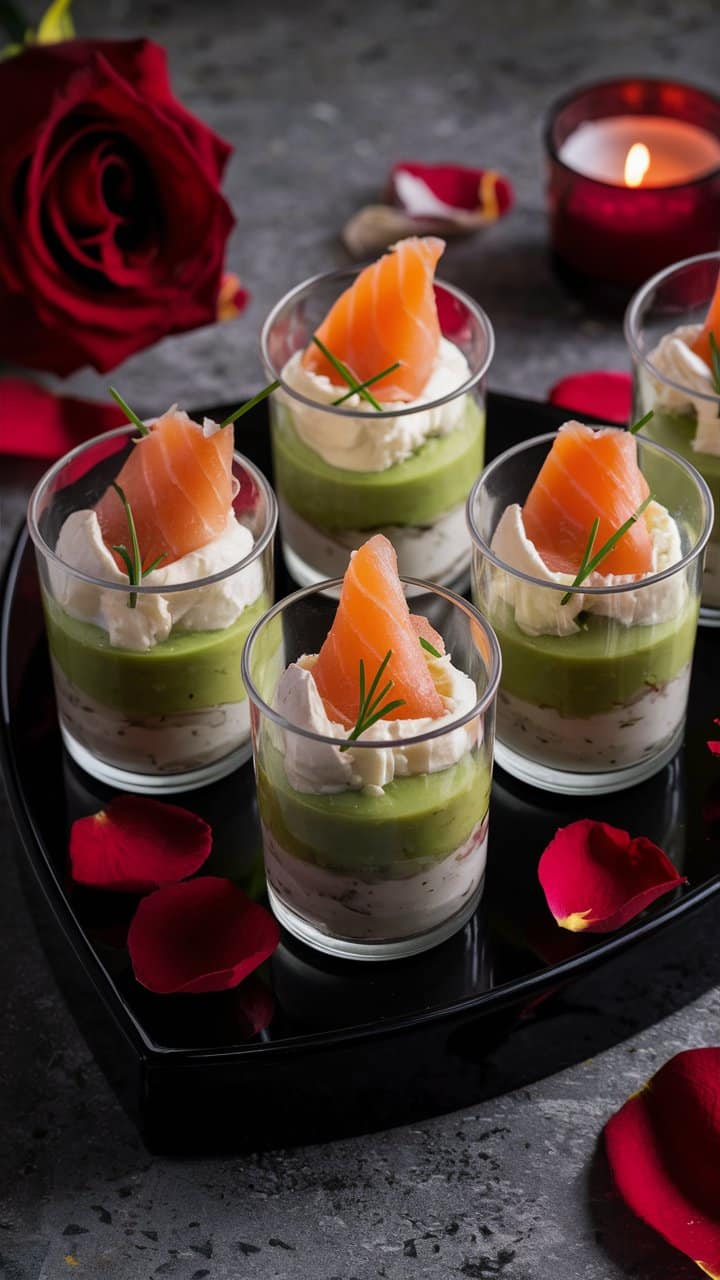 Verrines saumon avocat crème avec bougie et rose