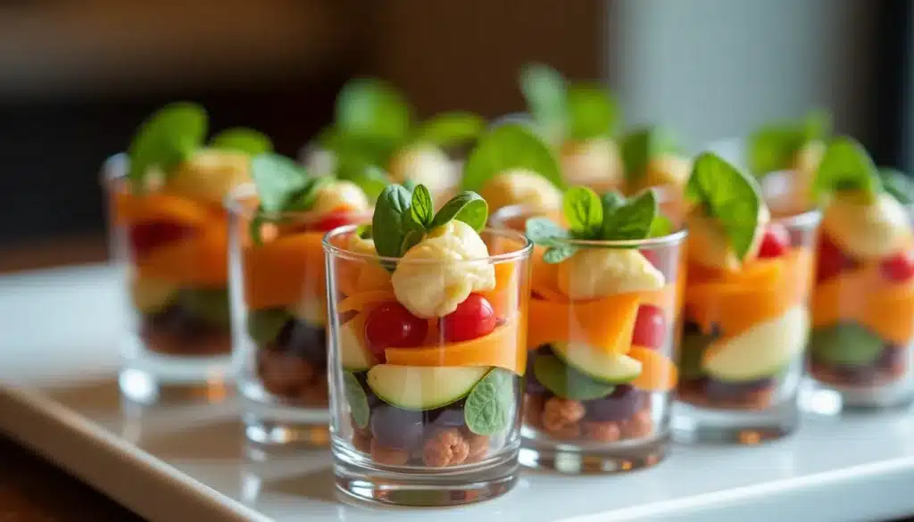 Verrines colorées de légumes et fromage.