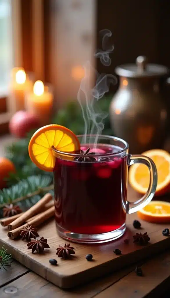 Vin chaud avec agrumes et épices sur table en bois.