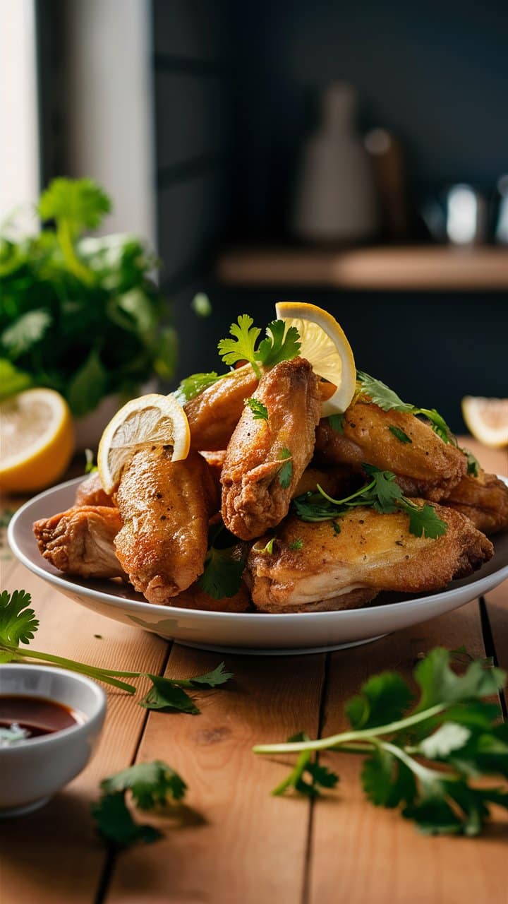 Ailes de poulet citronnées avec coriandre fraîche.