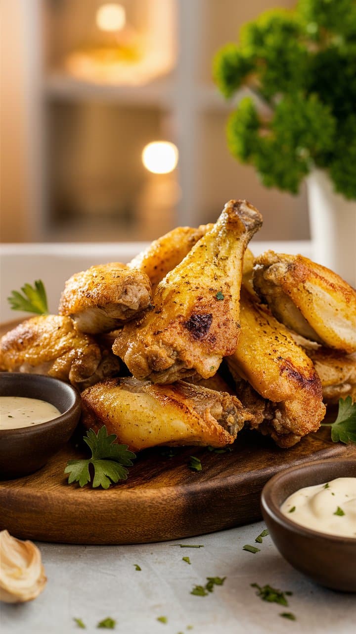 Ailes de poulet croustillantes avec sauce blanche.