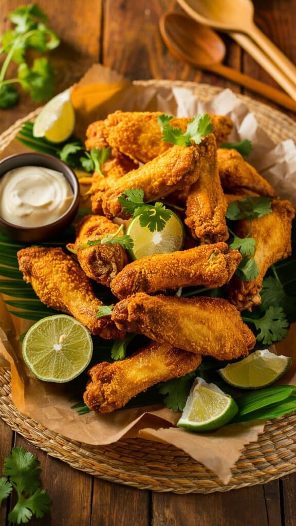 Ailes de poulet frites avec citron vert et sauce.