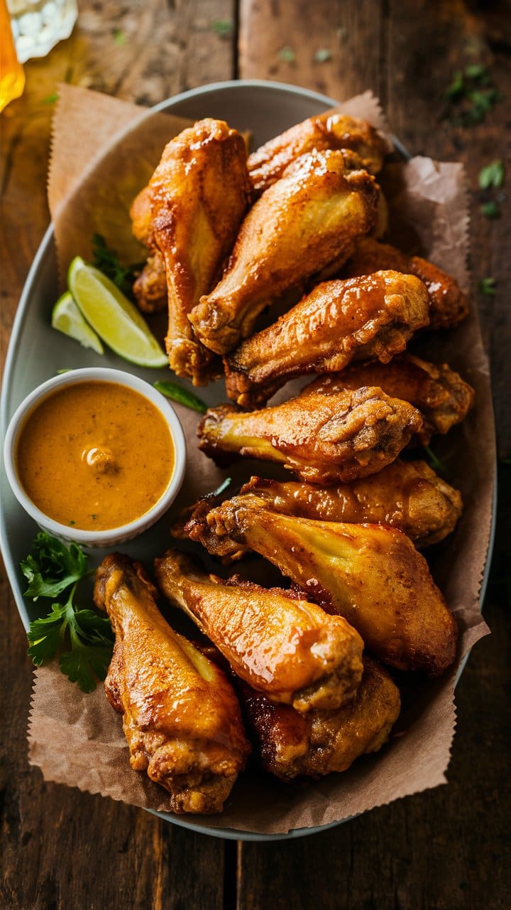 Ailes de poulet épicées avec sauce et citron vert.