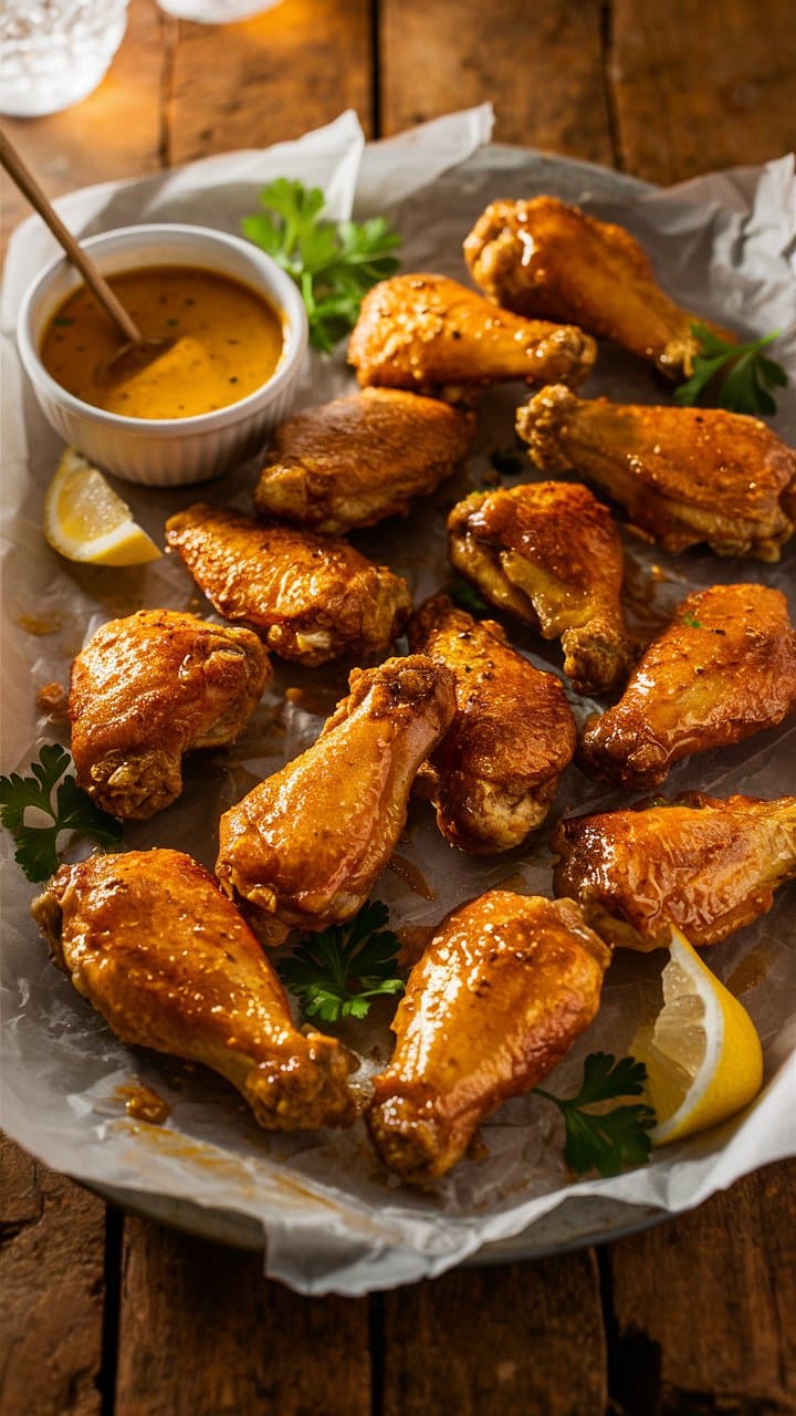Ailes de poulet épicées avec sauce et citron.