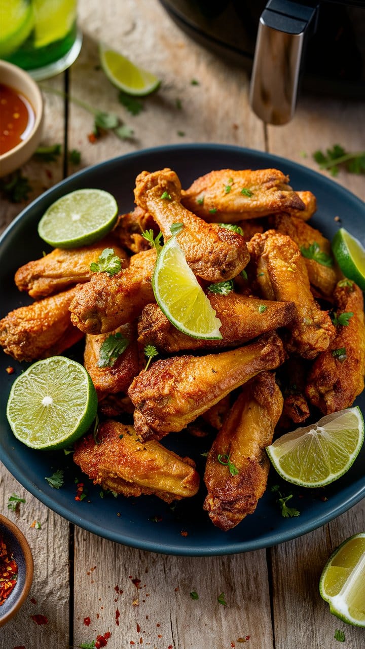 Ailes de poulet grillées avec des tranches de citron vert.