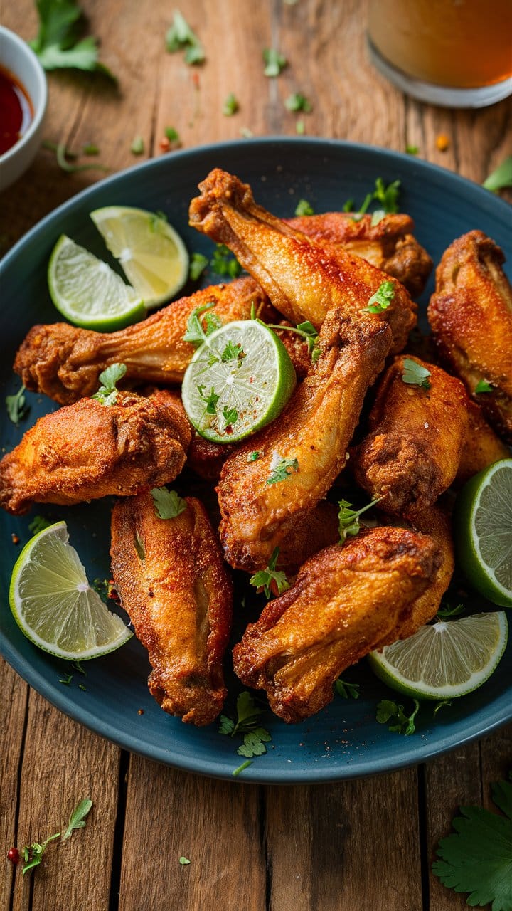 Ailes de poulet grillées avec tranches de citron vert.