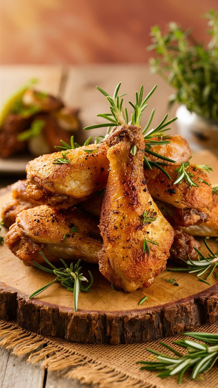 Poulet rôti aux herbes sur planche en bois.