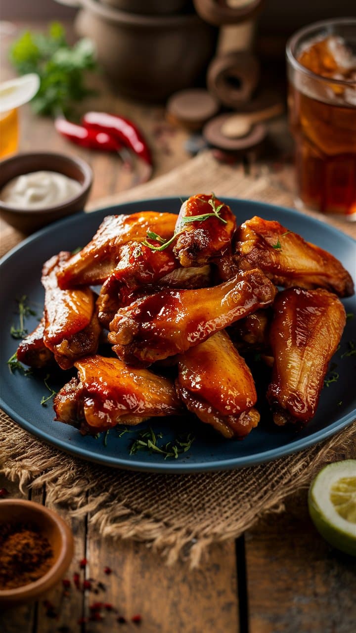 Ailes de poulet épicées servies sur une assiette bleue.