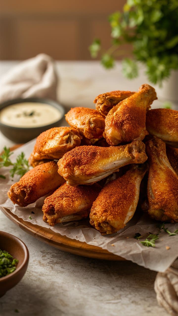 Poulet épicé rôti, sauce crémeuse en arrière-plan.