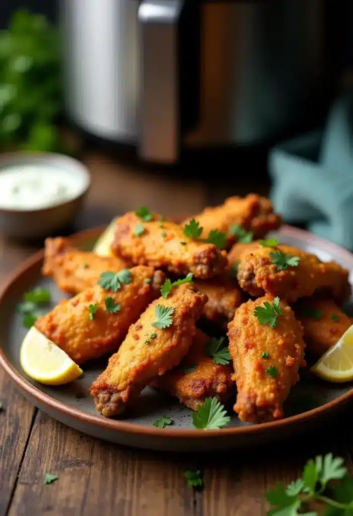 Ailes de poulet frites avec rondelles de citron.