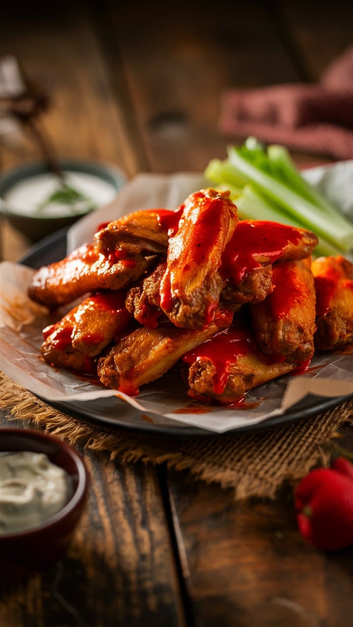 Ailes de poulet épicées avec sauce rouge.