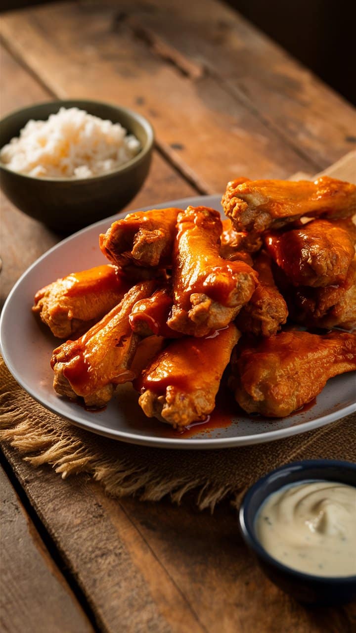 Ailes de poulet sauce piquante avec riz.